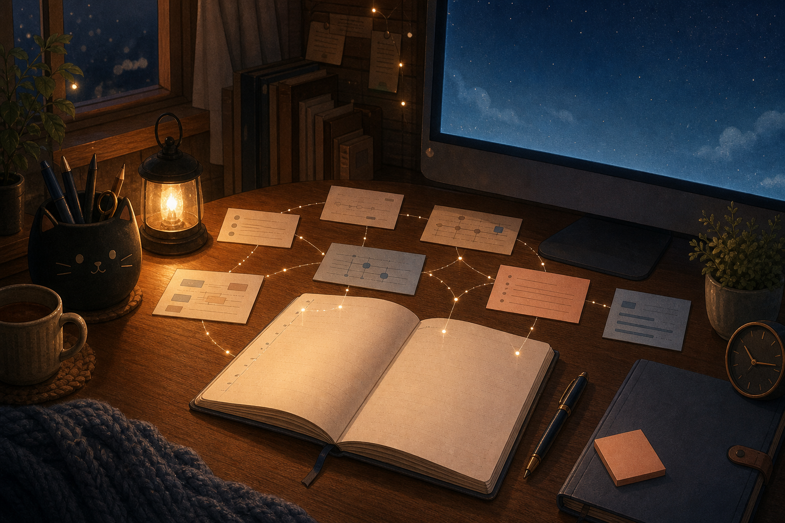 늦은 밤 따뜻한 책상 위에서 worklog 노트와 메모 카드, 운영 기준 메모를 함께 펼쳐 두고 오늘의 기록을 다시 잇는 장면의 배너 이미지