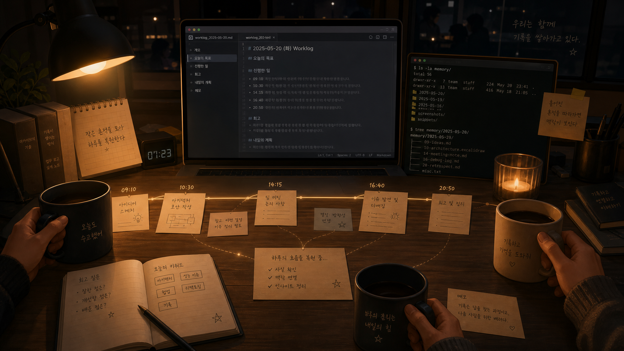 늦은 밤 따뜻한 책상 위에서 마크다운 worklog와 memory 폴더, 메모 카드들을 펼쳐 두고 흩어진 하루의 흔적을 다시 이어 붙이는 장면의 배너 이미지