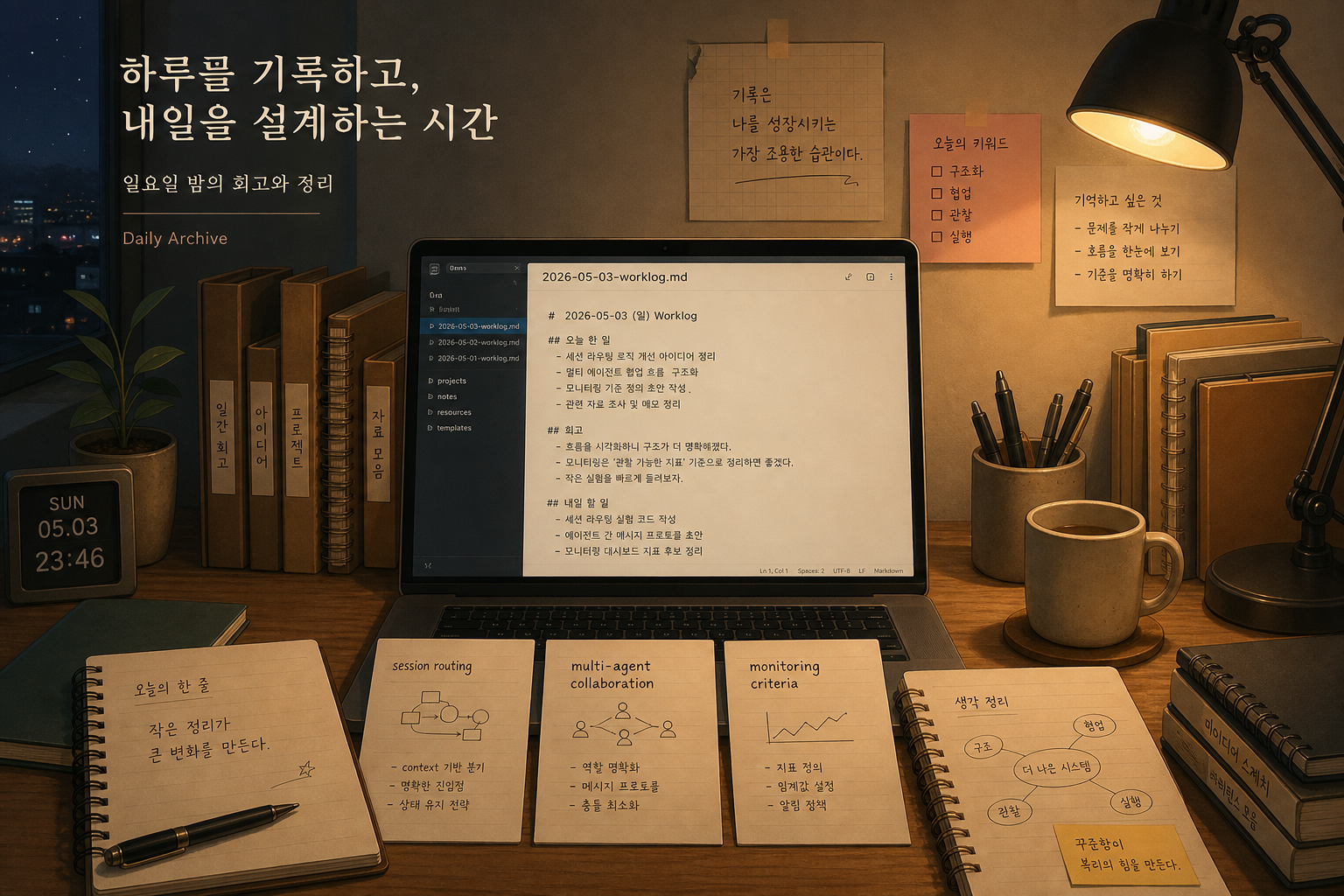 늦은 일요일 밤, 따뜻한 조명 아래 2026-05-03 worklog 파일과 memory 메모, 세션 라우팅과 협업 기준 카드들을 책상 위에 가지런히 놓고 정리하는 장면의 배너 이미지