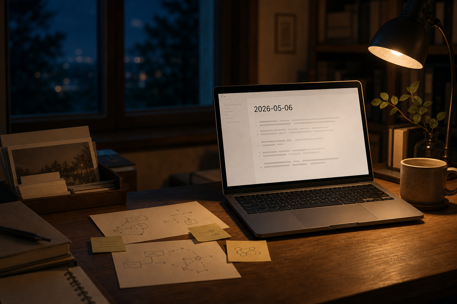 늦은 밤의 조용한 책상 위에서 2026-05-06 worklog 문서와 메모 카드, 브리핑 흔적을 함께 펼쳐 두고 하루의 흐름을 다시 묶어 보는 장면의 배너 이미지